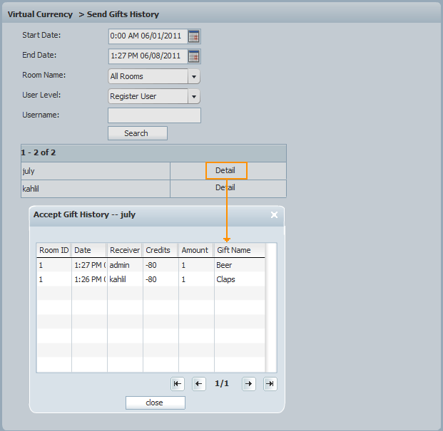 Details of a User‘s Send Gifts History of 123 Flash Chat, Chat Software