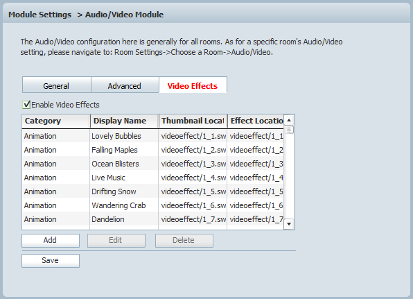 Video Effects Settings of 123 Flash Chat, Chat Software